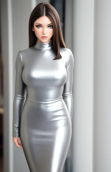 (photograph), (photographic:1.1), (photogenic:1.1) full length body (centered) of brunette supermodel in silver clothes, (best quality), round pupil