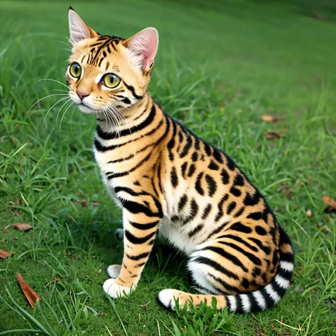 portrait of a ite bengal cat in the grass, fence, perfect face, sunlight, centered, side view, photography, realistic