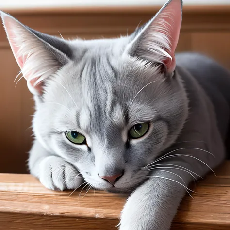 portrait of young russian blue cat with green eyes sleeping on a bed, wooden wall, beautiful, perfect face, detailed fur, fluffy fur, centered, side view, photography, realistic