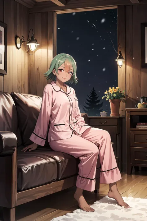 1girl,laegjarn fe,dark skin,(no headwear:1.4),wearing pajamas,indoors,in house,sitting on couch,barefoot,full body,smiling,log cabin,happy,snowing outside,night, <lora:laegjarn-fef:0.8>, <lora:LORA-XenoDetailer-v2:0.1>