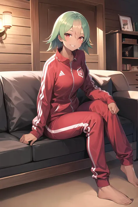 1girl,laegjarn fe,dark skin,(no headwear:1.4),wearing tracksuit,in house,sitting on couch,barefoot,full body,smiling,log cabin,happy,winter, <lora:laegjarn-fef:0.7>, <lora:LORA-XenoDetailer-v2:0.1>