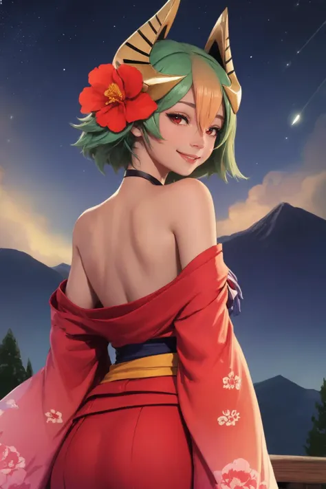 masterpiece, best quality, laegjarn fe, starry night sky,  japanese clothes, from behind, bare shoulders, off shoulder, hair ornament, kimono, hair flower, floral print, cowboy shot, (looking at viewer), smile <lora:laegjarn-fef:0.9> <lora:OffShoulderKimono:0.9>