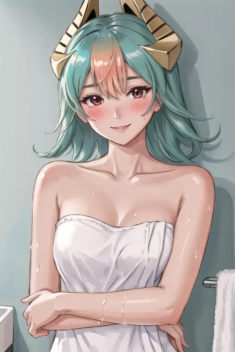 <lora:laegjarn-10:0.8>, laegjarn fe, 1girl, solo, looking at viewer, bedroom background, long hair, towel, naked towel, after bathing, seductive smile, blush, wet, upper body, water drop