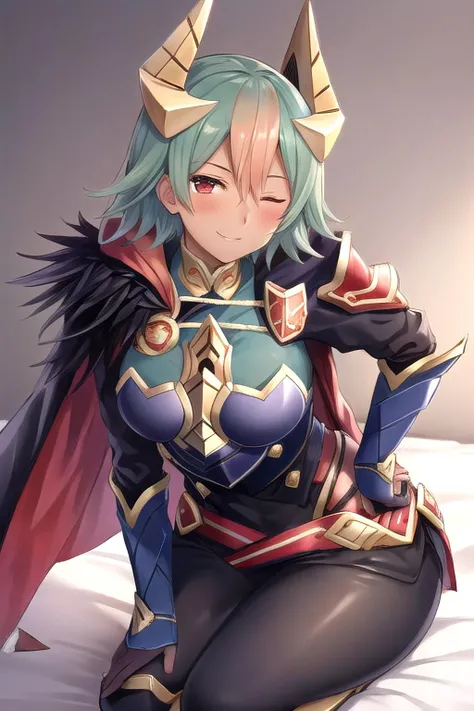 <lora:laegjarn-10:0.8>, laegjarn fe, 1girl, solo, looking at viewer, blush, sitting, on bed, seductive smile, armor, breastplate, shoulder armor, cape, dark skin, feather trim, pelvic curtain, leggings, from side, seiza, one eye closed, leaning forward, hand on own hip