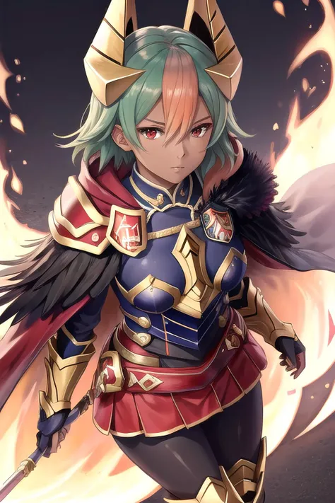 <lora:laegjarn-10:0.8>, laegjarn fe, 1girl, solo, looking at viewer, fiery background, serious, armor, plate, shoulder armor, cape, dark skin, feather trim, pelvic curtain, leggings, upper body, (red skirt, skirt), from above