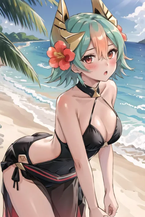 <lora:laegjarn-10:0.8>, laegjarn fe, 1girl, solo, looking at viewer, blush, beach setting, :o, swimsuit, one-piece swimsuit, hair flower, sarong, cowboy shot, bent over