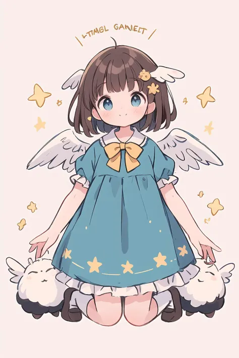 ((masterpiece, highest details, solo)), 1girl, angel, (short hair, dark brown hair), sketch, blunt bangs, blue eyes, (pastel blue frilled dress with pufffy short sleeves), (angel wings), cloud hair ornament, (sheep girl), (stuffed sheep), golden gate, yellow bowtie, peter pan collar, full body, white ankle socks, (closed mouth, smile), stars, starry background, ((galaxy)), ((brown mary janes)), (Best quality), (Extremely Detailed CG Unity 8k Wallpaper), (high resolution), (Best background details:1.26), (Best character details:1.36) , <lora:mjty:0.4>, <lora:COOLKIDS_MERGE_V2.5:0.5>