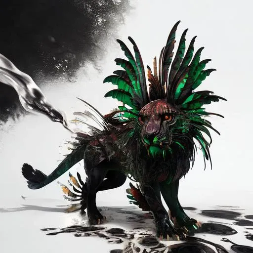 <lora:ShadowMane:1>, full body, lion, fish, hybrid, feathers, finds, feral, simple background, detailed body, detailed big eyes, chibi, looking at viewer, imminent explosion, monochrome,, <lora:zyd232_ChineseInkStyle_v1_0:1>, ink splash, ink work, ink drawing, zydink, ink sketch, (ink art, ink illustration, ink, rough:1.4), flowing into ink, swirling ink, colorful, multicoloured, ((abstract)), (flowing lines, ink hair flowing over, made of ink),<lora:more_details:0,5>,