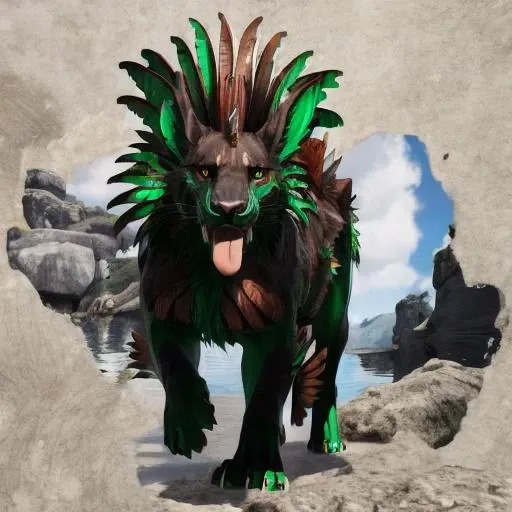 shadowmane, anthro, furry, male, two legs, boy, fish, lion, hybrid, feathers, finds, feral, kkw-fur:1, <lora:ShadowMane-09:1>, looking at viewer, paws, pawpads, paw beans, mouth open, poking tongue out, digital art, vector art, flat colors, cartoon, bara, muscular, by dangpa