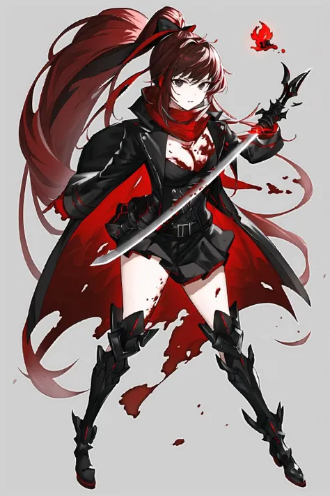 best,8k,uhd,masterpiece,bright,high quality,ultra-wide angle,solo,video game cover,(very long hair:1.4641),(full body:1.331),(red hair:1.4641),(holding sword:1.21),black eyes,(black coat other white robe:1.21),tiny breasts,fire sword,(boots:1.1),(best light:1.1),bloodboom in n background,weapon cards,hand101,omertosa,default,flames,(ï¼chopï¼:1.331),(speed lines:1.21),absurdres,red theme,high contrast,close-up,great soldier,medium breasts,(ponytail:1.21),Fur collar,Fox scarf,(red robe),blood in n background,midjourney portrait,fox in background,<lora:XSLUA:1>,