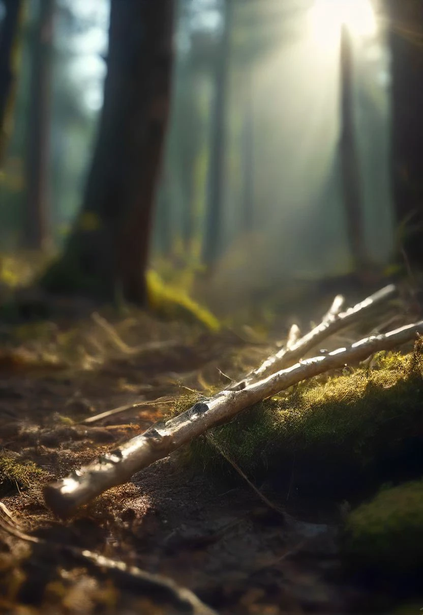 (stickXL:1.3), a mysterious photo of a common branching wooden (stick:1.4) made out of gold glad sticks in a diamond veil laying in a forest, detailed, masterpiece, epic, atmospheric, cinematic, shadow play, perfect composition, serene mood, longing, unbelievable, unique, forgotten, sss, caustics,