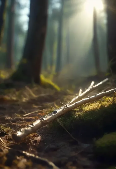 (stickXL:1.3), a mysterious photo of a common branching wooden (stick:1.4) made out of gold glad sticks in a diamond veil laying in a forest, detailed,  masterpiece, epic, atmospheric, cinematic, shadow play, perfect composition, serene mood, longing, unbelievable, unique, forgotten, sss, caustics,