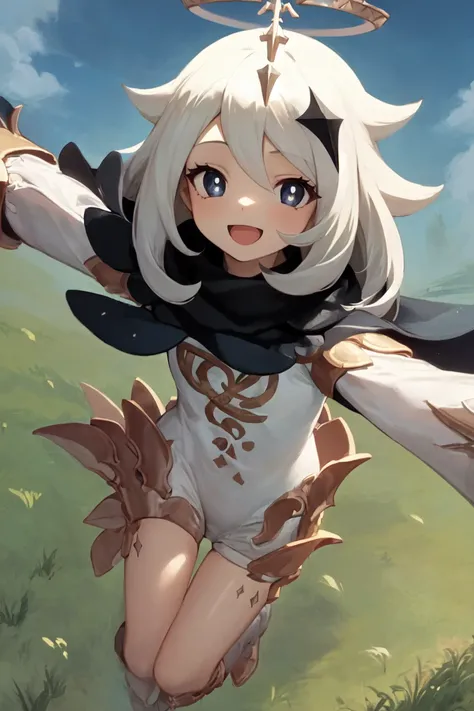 1girl, solo, floating, paimon \(genshin impact\), cape, medium hair, white hair, halo, scarf, white dress, long sleeves, boots, blue eyes, smile, open mouth, outdoors, blue sky, grass <lora:char-paimon-locon:1>