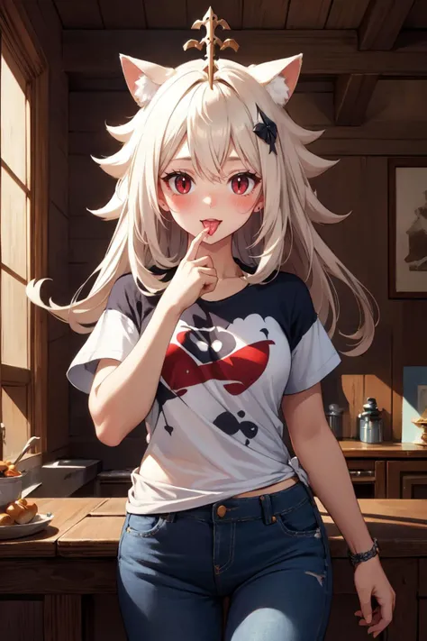 masterpiece, high quality, best quality, high res, digital art, intricate, <lora:paimon:1> paimon \(genshin impact\), in full growth, looking at viewer, in jeans, in a T-shirt, cat ears