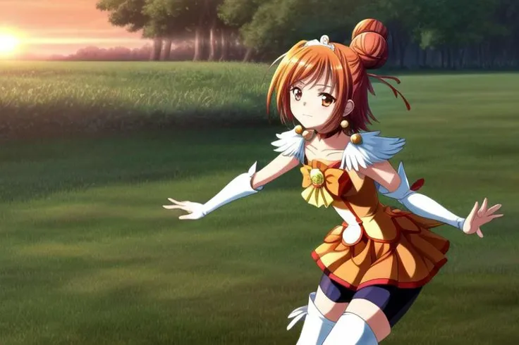 (masterpiece), (best quality), 1girl, sunrise, cure sunny, feather hair ornament, single hair bun, ahoge, tiara, white thigh boots, bare arms, ribbon, bowtie, orange short shorts, shorts under skirt