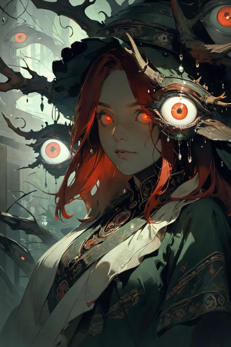 (highly detailed:1.3), masterpiece, best quality, extreme detail, post-Impressionist,1girl, tall and mature, red hair, ((heterochromia eyes)),forrest, green meadow, (curvy:1.15), (motherly:1.05), cowboy shot,close up edgAntlers, a woman in mage robes,dressed in wooden antlers <lora:edgReindeerTeamAntlers:0.8>, ((glowing, glowing eyes, extra eyes, horror \(theme\))), serious, cowboy shot,close up, <lora:insanevoid2:0.8>, aestheticism, monet color, highly detailed, water drops, (Surrealism), dreamlike , distorted , abstract , symbolic, (Noir), black and white , detective , crime , mystery