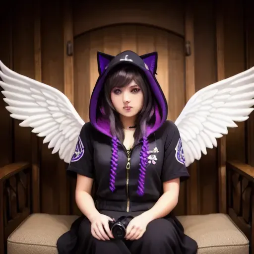 black detailed nekohoodi sitting sideways on a classical couch,masterpiece, DSLR photo,nekohoodi, real photo, dynamic angle, wings, breasts,solo, angel wings, rainbow hair, long hair, rainbow eyes, angel, looking at viewer, feathered wings, medium breasts, stained glass, white wings, standing, (high detailed skin:1.2),8k uhd, dslr, soft lighting, high quality, <lora:NekoHoodi:1>