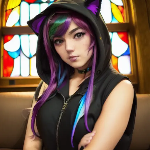 black detailed nekohoodi sitting sideways on a classical couch,masterpiece, DSLR photo,nekohoodi, real photo, dynamic angle, breasts,solo, rainbow hair, long hair, rainbow eyes, looking at viewer, feathered wings, medium breasts, stained glass, standing, (high detailed skin:1.2),8k uhd, dslr, soft lighting, high quality, <lora:NekoHoodi:1>