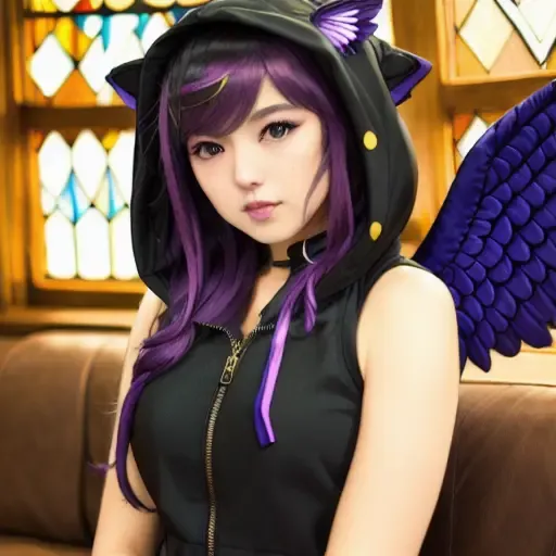 black detailed nekohoodi sitting sideways on a classical couch,masterpiece, DSLR photo,nekohoodi, real photo, dynamic angle, wings, breasts,solo, angel wings, rainbow hair, long hair, rainbow eyes, angel, looking at viewer, feathered wings, medium breasts, stained glass, white wings, standing, (high detailed skin:1.2),8k uhd, dslr, soft lighting, high quality, <lora:NekoHoodi:1>