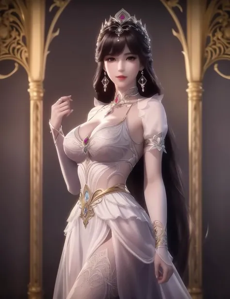 ultra realistic 8k cg, picture-perfect face, flawless, clean, masterpiece, professional artwork, famous artwork, cinematic lighting, cinematic bloom, perfect face, beautiful face, beautiful eyes, ((perfect female body, narrow waist)), red eyes, gorgeous queen, royal, divine, goddess, godlike, (royal palace), fantasy, dreamlike, unreal, science fiction, huge breasts, beautiful clothes, lace, lace trim, lace-trimmed legwear, absurdly long hair, very long hair, (rich:1.4), prestige, luxury, jewelry, diamond, gold, pearl, gem, sapphire, ruby, emerald, intricate detail, delicate pattern, charming, alluring, seductive, erotic, enchanting, hair ornament, necklace, earrings, bracelet, armlet,
, <lora:DA_XiaoWuGodClothes:0.7>
