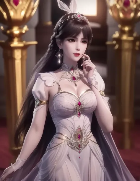 ultra realistic 8k cg, picture-perfect face, flawless, clean, masterpiece, professional artwork, famous artwork, cinematic lighting, cinematic bloom, perfect face, beautiful face, beautiful eyes, ((perfect female body, narrow waist)), red eyes, gorgeous queen, royal, divine, goddess, godlike, (royal palace), fantasy, dreamlike, unreal, science fiction, huge breasts, beautiful clothes, lace, lace trim, lace-trimmed legwear, absurdly long hair, very long hair, (rich:1.4), prestige, luxury, jewelry, diamond, gold, pearl, gem, sapphire, ruby, emerald, intricate detail, delicate pattern, charming, alluring, seductive, erotic, enchanting, hair ornament, necklace, earrings, bracelet, armlet,
, <lora:DA_XiaoWuGodClothes:0.7>