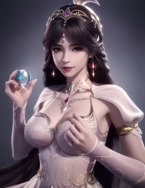 ultra realistic 8k cg, picture-perfect face, flawless, clean, masterpiece, professional artwork, famous artwork, cinematic lighting, cinematic bloom, perfect face, beautiful face, beautiful eyes, ((perfect female body, narrow waist)), red eyes, gorgeous queen, royal, divine, goddess, godlike, (royal palace), fantasy, dreamlike, unreal, science fiction, huge breasts, beautiful clothes, lace, lace trim, lace-trimmed legwear, absurdly long hair, very long hair, (rich:1.4), prestige, luxury, jewelry, diamond, gold, pearl, gem, sapphire, ruby, emerald, intricate detail, delicate pattern, charming, alluring, seductive, erotic, enchanting, hair ornament, necklace, earrings, bracelet, armlet,
, <lora:DA_XiaoWuGodClothes:0.7>