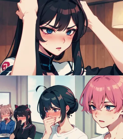 best quality, masterpiece, comic, multiple girls,1boy, gfmeme, blush, <lora:gf_meme_v1:0.7>