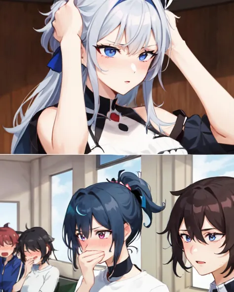 best quality, masterpiece, comic, multiple girls,1boy, gfmeme, blush, <lora:gf_meme_v1:0.7>