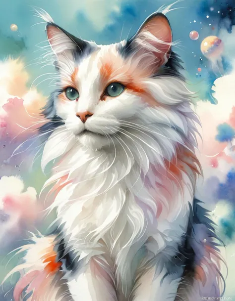 designed by Jane Newland, painting, (Turkish Van Cat:1.1) , wearing ral-wtrclr, its ral-wtrclr is inspired by sci-fi, Clear skies, Botanical art, watercolor, delicate details, modern, <lora:ral-wtrclr:0.88>, luxurious sharp focus, unique, perfect background, highly detail, romantic, enhanced quality, highly intricate, imposing