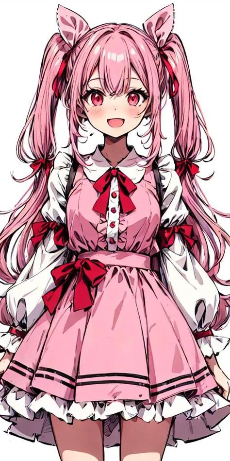 himekuma ribon,<lora:himekuma ribon:1.0>,1girl, solo, short over long sleeves, layered sleeves, two side up, long hair, bangs, hair between eyes, long sleeves, blush, open mouth, ribbon, short sleeves, smile, pink hair, collarbone, shirt, hair ribbon, pink shirt, fang, :d, skirt, puffy sleeves, frills, white skirt, red eyes, looking at viewer, bow, white background, gradient background, puffy short sleeves, pink background, virtual youtuber, very long hair, gradient, red ribbon, pink skirt, dress, ribbon trim, pink dress, pink bow, pink ribbon, white shirt