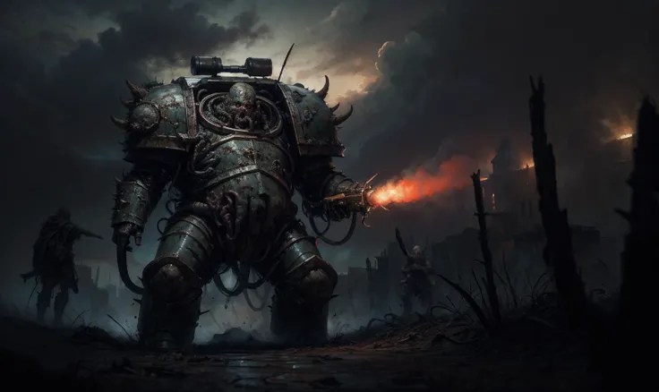 Epic war photo, <lora:add_detail:1>, truenurgle, power armor, mutated helmet, glowing eyes, rusty old armor, tube, slime, canister, hood up, dirty, grimy, rotting, toxic gas, swarm of locusts, <lora:truenurgle:0.8>, <lora:chaoswarrior:0.1> (nurgle)
GLOWING,
SKULL,
ARMOR,
SPIKES,
TEETH,
MONSTER,
DIRTY,
TENTACLES,
PUS,
PIMPLES,
CRACK,
TRUENURGLE ,<lora:Elixir:0.5>, <lora:dieselpunk:0.5>, <lora:BioPunkAI:0.5>, high detailed body mutation, holding a big rusty gun, firing a gun, dirty bloody cape, loincloth, dynamic poses, dynamic angles, fighting, charging in a battlefield towards a gothic castle, Epic WAR background, a huge army, horde of truenurgle, a huge horde of chaoswarrior, thunder and lightning., Photorealistic, Hyperrealistic, Hyperdetailed, analog style, detailed skin, matte skin, soft lighting, subsurface scattering, realistic, heavy shadow, masterpiece, best quality, ultra realistic, 8k, golden ratio, Intricate, High Detail, film photography, soft focus