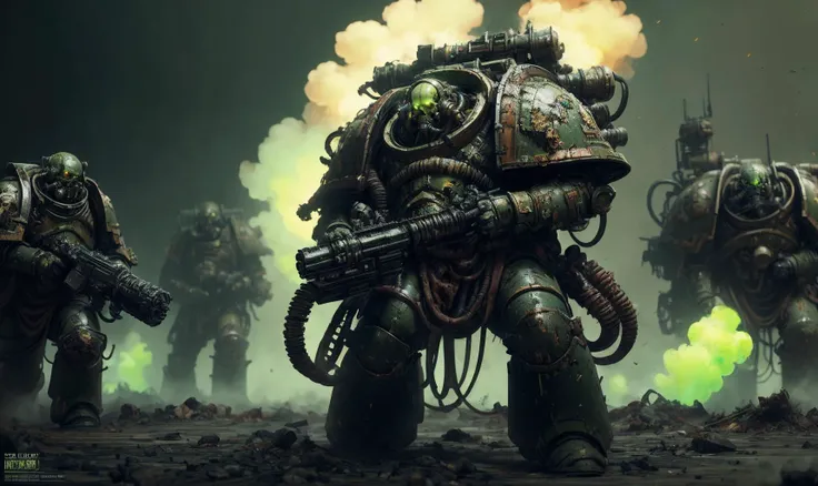 1man, Death Guard, plaguemarine wearing putrid armor, toxic gas clouds, wearing helmet, skulls on armor,  mutated face, glowing eyes, <lora:plaguemarine_2:0.8>, standing proud, holding a big futuristic gun, firing, shooting, dynamic action poses, epic toxic war battlefield, Photorealistic, Hyperrealistic, Hyperdetailed, analog style, soft lighting, subsurface scattering, realistic, heavy shadow, masterpiece, best quality, ultra realistic, 8k, golden ratio, Intricate, High Detail, film photography, soft focus <lora:BioPunkAI:0.4> <lora:dieselpunk:0.4>