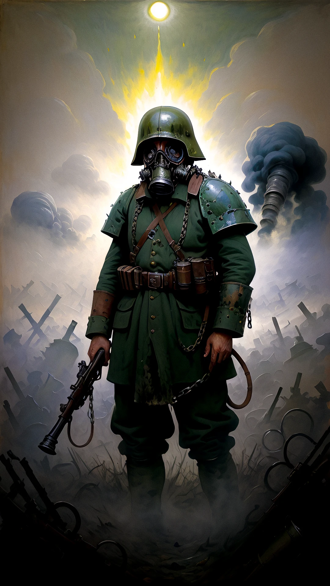 a plaguemarine ww1ger with gas mask and armor, holding rifle, explosions, green mist, fog, smoke, slime, Field telephones, Dawn, , (Emile Nolde,Giorgio de Chirico,Unica Zurn:1.25), Chains, Shattered, (Triadic:1.1), (Color Theory:1.1), (Scumbling:1.1), (Harsh noon light:1.2), Scales, Spiral, ultra detailed, intricate, oil on canvas, dry brush, (surrealism:1.1), (disturbing:1.1) <lora:plaguemarine:0.8> <lora:ww1ger_v0.1:0.5>