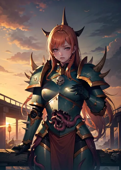 (1girl, orange hair very long hair nihongami, silver eyes, , worried) (digital) ( sitting in detailed wooden bridge (glowing, skull, armor, spikes, teeth, monster, dirty, tentacles, pus, pimples, crack)) , best quality, <lora:boldline:0.2>, <lora:hairdetailer:0.2> truenurgle, <lora:truenurgle:1> horror /(theme/)