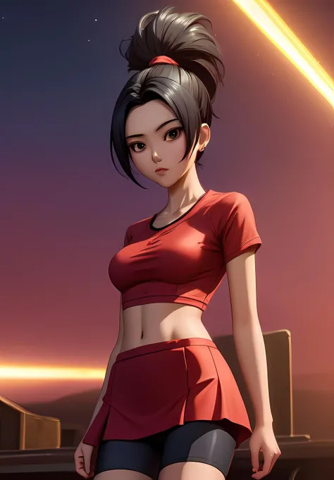 <lora:Kale:0.8>, Kale, 1girl, solo, red skirt, bike shorts, red shirt, black hair, (acclaimed, alluring, captivating, exciting, gorgeous, striking:1.3), (trending on CGSociety, trending on pixiv, contest winner:1.3)