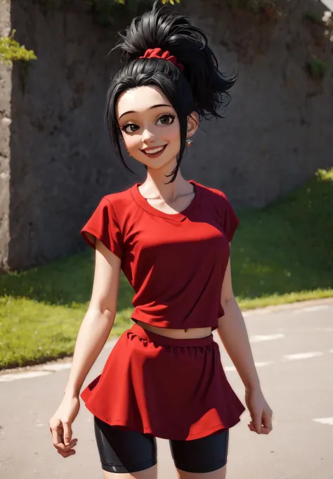 1girl, sfw, <lora:Kaledb:0.8>, Kaledb, 1girl, solo, red skirt, bike shorts, red shirt, black hair, smile,, (masterpiece, best quality, absurdres, detailed, ultra-detailed:1.3), beautiful