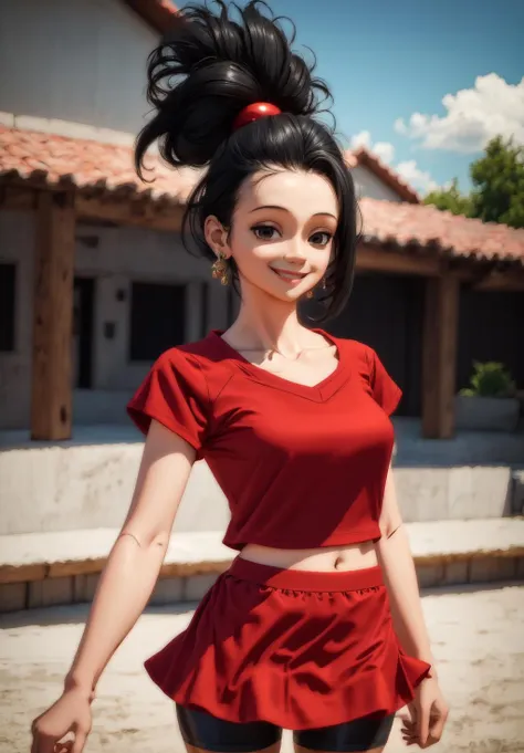 1girl, sfw, <lora:Kaledb:0.8>, Kaledb, 1girl, solo, red skirt, bike shorts, red shirt, black hair, smile,, (masterpiece, best quality, absurdres, detailed, ultra-detailed:1.3), beautiful