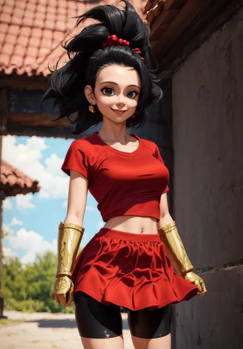 1girl, sfw, <lora:Kaledb:0.8>, Kaledb, 1girl, solo, red skirt, bike shorts, red shirt, black hair, smile,, (masterpiece, best quality, absurdres, detailed, ultra-detailed:1.3), beautiful