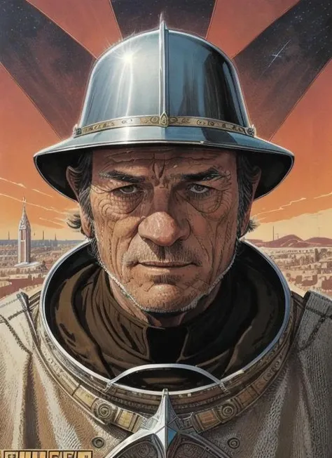 tljo1  A cover of a comic book, concept art, inspired by jean moebius giraud, tumblr, knights templar in a space suit, dressed like a cleric, poster illustration, detailed image, in style of stanislav vovchuk, paul laffoley, 2 0 1 9, very detailed picture, transmetropolitan 
 <lora:TommyLeeJonesOld:1>