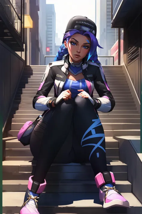 (masterpiece, best quality), intricate details,
1girl, <lora:Sombrakpop:0.8> sombrakpop, black gloves, fingerless gloves, blue hair, pony tail,two-tone hair, braid, black cap, mesh bodysuit, black jacket, black leggings
outdoors, city, sitting on stairs,