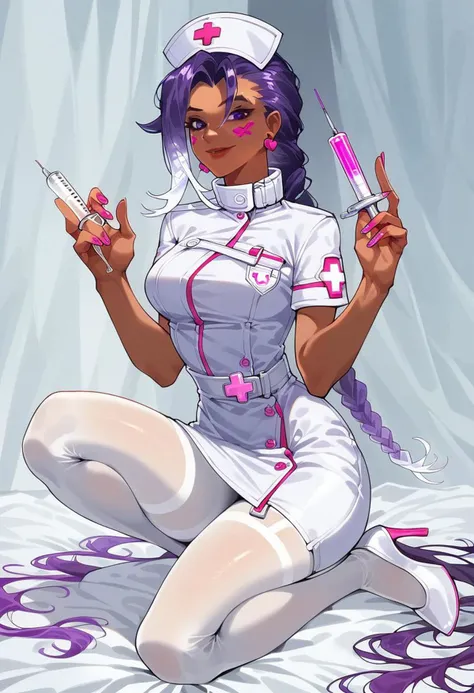 score_9, score_8_up, score_7_up, score_6_up, best quality, 1girl,Sombrakpop, Sombra (Overwatch) nurse, solo, long purple hair, purple eyes, loose hair, dark skin, hud_nrse_vintg, white nurse cap, white pantyhose, soft pink dress, white buttons, short sleeves, jewelry, earrings, breasts, soft pink high heels, <lora:nurse-000008:0.8>, slight smile, hospital room, holding syringe