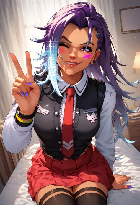 score_9, score_8_up, score_7_up,score_6_up,score_5_up,score_4_up, Expressiveh, anime source, anime_style, solo. solo girl, a girl is taking a selfie, Sombrakpop, Sombra (Overwatch), v, one eye closed, smile, long hair, loose hair,
<lora:bible_black_uniform_xl_v3:.8> white shirt, black vest, red necktie, red skirt, black thighhighs, red skirt,
