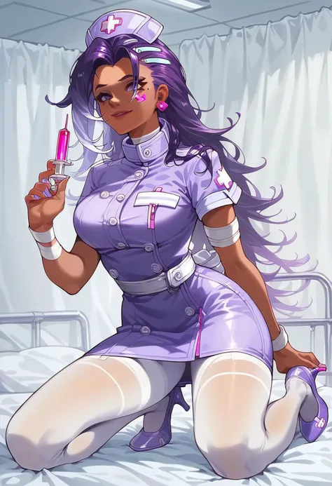 score_9, score_8_up, score_7_up, score_6_up, best quality, 1girl,Sombrakpop, Sombra (Overwatch) nurse, solo, long purple hair, purple eyes, loose hair, dark skin, hud_nrse_vintg, white nurse cap, white pantyhose, soft purple dress, white buttons, short sleeves, jewelry, earrings, breasts, soft purple high heels, <lora:nurse-000008:0.8>, slight smile, hospital room, holding syringe