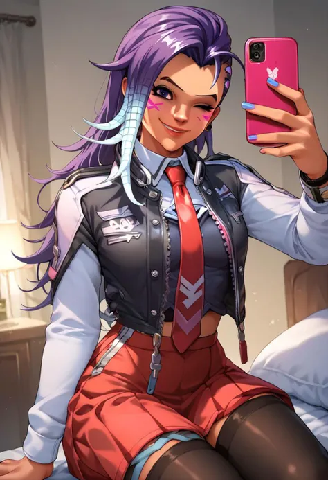 score_9, score_8_up, score_7_up,score_6_up,score_5_up,score_4_up, Expressiveh, anime source, anime_style, solo. solo girl, a girl is taking a selfie, Sombrakpop, Sombra (Overwatch), exposed chest, v, one eye closed, smile, long hair, loose hair,
<lora:bible_black_uniform_xl_v3:.8> white shirt, black vest, red necktie, red skirt, black thighhighs, red skirt,