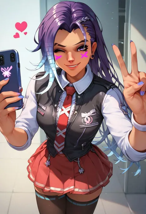 score_9, score_8_up, score_7_up,score_6_up,score_5_up,score_4_up, Expressiveh, anime source, anime_style, solo. solo girl, a girl is taking a selfie, Sombrakpop, Sombra (Overwatch), exposed chest, v, one eye closed, smile, long hair, loose hair,
<lora:bible_black_uniform_xl_v3:.8> white shirt, black vest, red necktie, red skirt, black thighhighs, red skirt,