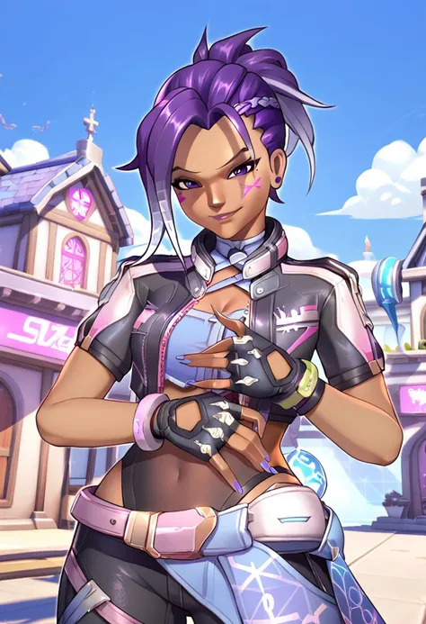 purple hair, smug, brown skin, sombra, overwatch, sombrakpop, purple eyes, fingerless gloves, short sleeves,