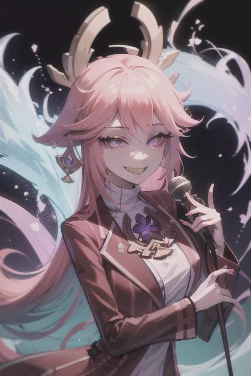masterpiece, best quality, bowtie, jacket, monocle, microphone, suit, yae_miko_genshin, solo, LONG_HAIR, PINK_HAIR, BANGS, PURPLE_EYES, ANIMAL_EARS, HAIR_BETWEEN_EYES, FOX_EARS, JEWELRY, HAIR_ORNAMENT, EARRINGS, SMILE, BREASTS, LARGE_BREASTS, BLUSH, sharp teeth, teeth, bow, smile, looking at viewer, slit pupils, grin, multicolored hair, red sclera, <lora:Alastor-001:0.8>, holding microphone, dark background, terror theme, <lora:yaemiko:1>