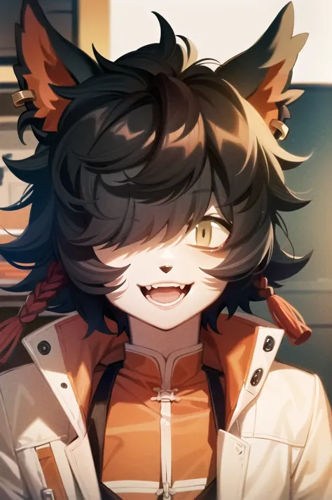 (masterpiece), 4k, highres, detailed fur texture, muzzle, boy, Aakhead on piece of parchment, asian details, detailed, highly detailed face:1.3, animal ears, happy, open mouth, slim, petite, <lora:ArknightsAak_10:0.9>