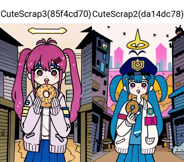 masterpiece, best quality, wral, 1girl, doughnut, food, solo, necktie, blue necktie, vest, hat, twintails, blue hair, jacket, skirt, blue vest, long hair, bow, white bow, halo, white jacket, red eyes, antenna hair, holding, shirt, multicolored hair, hair bow, blurry, looking at viewer, blurry background, blue skirt, long sleeves, v, white shirt, holding food, bangs, open clothes, armband, eating, open mouth, open jacket, collared shirt, building, blue headwear, skyscraper, police, police uniform, hair ornament, depth of field, outdoors, very long hair, policewoman, day, uniform, hairclip