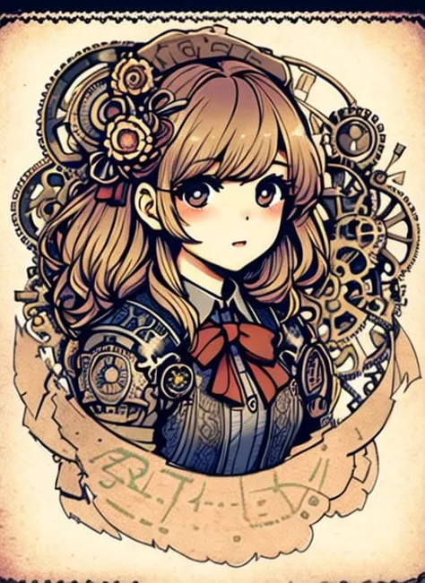 Charlie Bowater realistic Lithography sketch portrait of a woman, flowers, [gears], pipes, dieselpunk, multi-colored ribbons, old paper texture, highly detailed